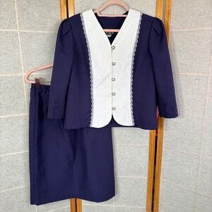 Whirlaway Frocks Vintage Navy Blue White Lace Trim Skirt Suit Set Womens 10P USA